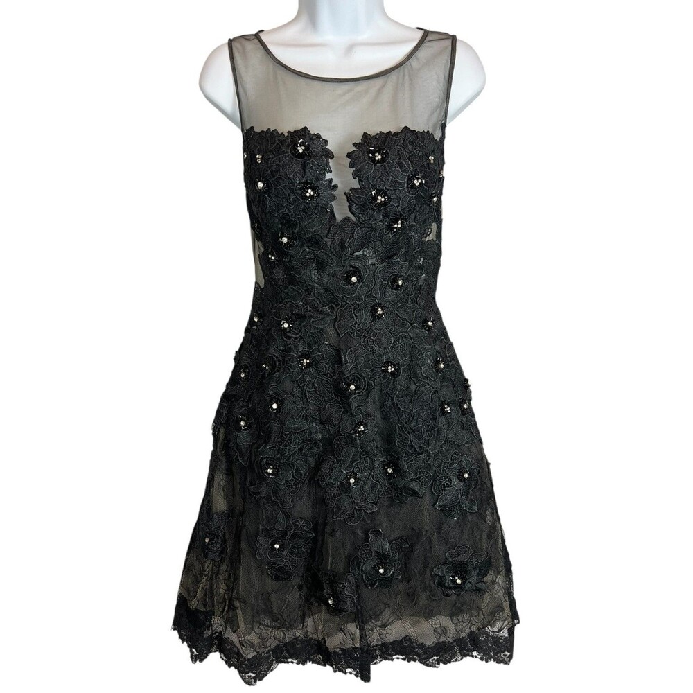 Jovani Black Midi Dress Gown Illusion Lace Embellished Cocktail Formal  Size 2